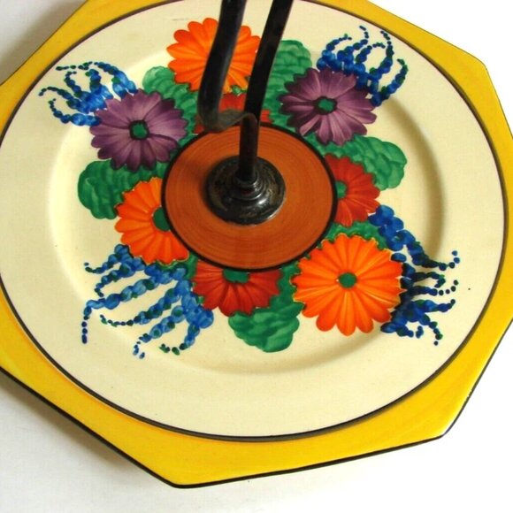 Clarice Cliff Gayday Octagonal 7.5" Cake Plate with Handle Floral 1930s Antique - Picture 6 of 11